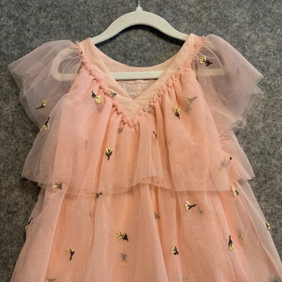 Zara Dress Girls 5 6 Pink Chiffon Tiered Dressy Cap Sleeve Embroidered Floral - Picture 7 of 10